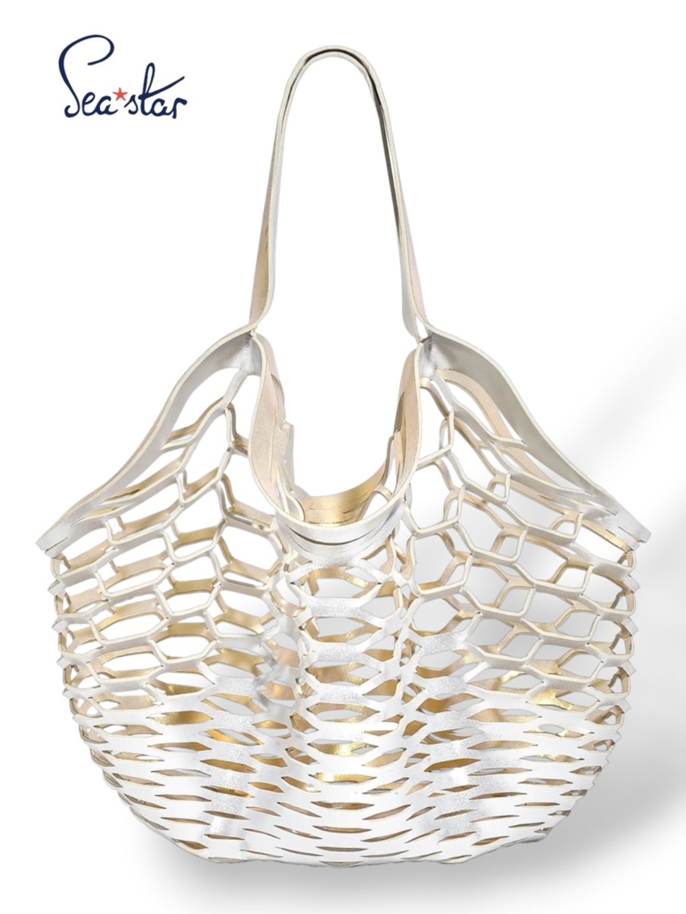 Sea*Star Beachwear NWT Fisherman's Platinum White Gold Reversible Shopping Tote